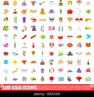 100 Asia set di icone, stile cartoon Illustrazione Vettoriale