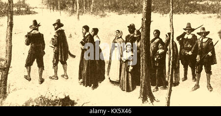 Early American Puritan settlers sotto guardie armate per proteggerli da indiani come essi camminare sulla neve a frequentare la Chiesa - da un dipinto di George Henry San Donato, (1867) Foto Stock