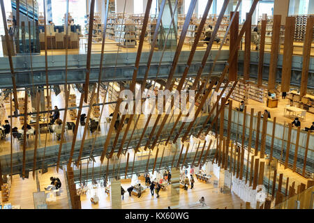 Toyama City Public Library e vetro Art Museum nella prefettura di Toyama, Giappone. Progettato dal famoso architetto giapponese Kengo Kuma. Foto Stock