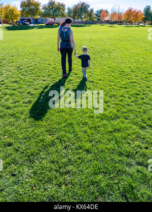 Madre e due anni di vecchio figlio camminare insieme tenendo le mani, a piedi, colata lunghe ombre, sull'erba verde in un parco. Foto Stock