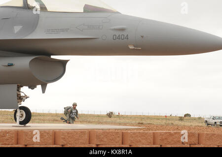 SANTA FE, New Mexico - Il 28 aprile 2011. Sgt. Guy Mellor, gunner per batteria B prima del campo 145Artiglieria e SPC. Alessandria Jacobson, un specialista amministrativo per la sede centrale presso la sede operativa della società il 204th Mobile brigata di miglioramento ha vinto, entrambi, soldato e NCO dell'anno in Utah concorrenza guida in marzo e spostato su per il campionato regionale svoltasi a Santa Fe, NM. Foto Stock