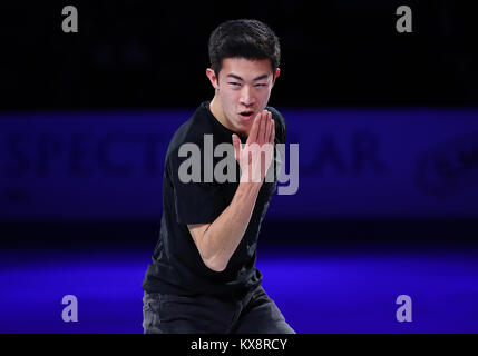 Nathan Chen pattini da ghiaccio durante il periodo di esposizioni le prestazioni prima di Olimpiadi in Corea 2018. Foto Stock