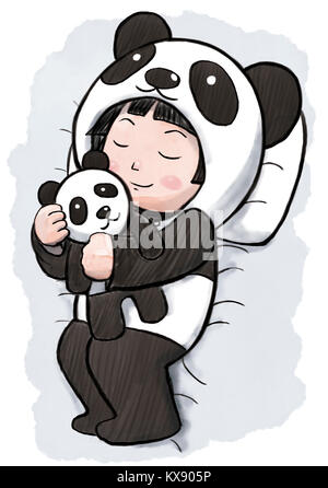 Baby girl sleeping indossando panda pigiami e abbracciando il suo panda doll Foto Stock