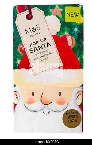 Scatola di M&S pop up Santa con solidi del latte le sfere di cioccolato isolato su sfondo bianco Foto Stock