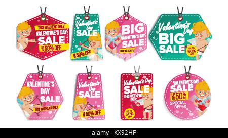 Giorno di San Valentino tema vendita Tags vettore. Carta piana appeso amore adesivi. Cupido. Febbraio 14 Sconto Banner appesi per vacanze Promozione sconto. Illustrazione di inverno Illustrazione Vettoriale