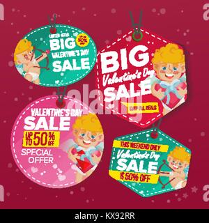 Giorno di San Valentino la vendita amore Tags vettore. Appartamento Febbraio 14 Offerte speciali adesivi. Cupido. 50 Fuori del testo. Appendere Vendita banner con la metà del prezzo. Illustrazione moderna Illustrazione Vettoriale