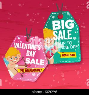 Giorno di San Valentino tema vendita Tags vettore. Carta piana appeso amore adesivi. Cupido. Febbraio 14 Sconto Banner appesi per vacanze Promozione sconto. Illustrazione di inverno Illustrazione Vettoriale