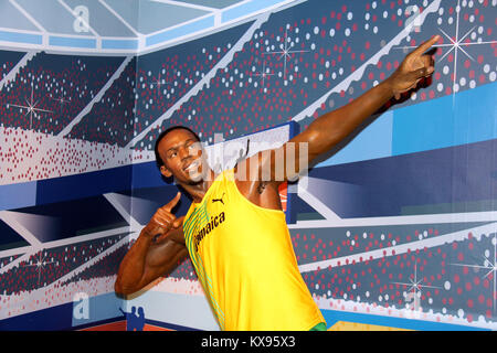 Londra - Regno Unito, 08, luglio 2014. Madame Tussauds a Londra. Waxwork statua di Usain Bolt Foto Stock