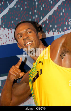 Londra - Regno Unito, 08, luglio 2014. Madame Tussauds a Londra. Waxwork statua di Usain Bolt Foto Stock