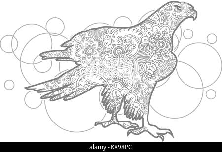 Disegnata a mano eagle doodle animale adulto paisley di rilascio stress pagina colorazione vettore zentangle Illustrazione Vettoriale