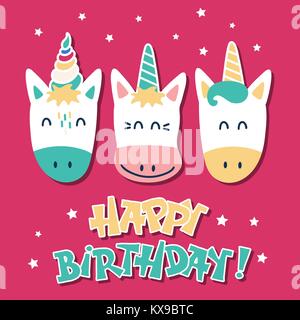 Carino unicorns. Biglietto di auguri di un felice compleanno Illustrazione Vettoriale