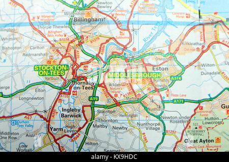 La mappa stradale di Stockton on Tees e Middlesbrough, Inghilterra. Foto Stock