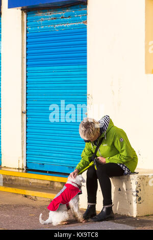 Signora siede accarezzare la sua mini schnauzer cane, miniatura schnauzer, sul lungomare a Bournemouth Dorset, Regno Unito in gennaio Foto Stock