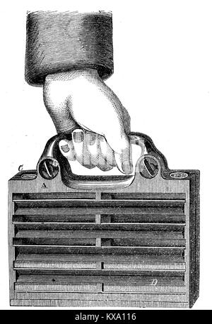 Illustrazione di un trasportabile gettoniera, nuova invenzione dall America intorno al 1870, digital riproduzione migliorata da un originale xilografia o illustrazione a partire dall'anno 1880 Foto Stock
