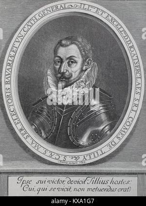 Johann, Giovanni o Jean T'Serclaes di Tilly, Febbraio 1559 - 30 aprile 1632, era un conteggio olandese che ha servito durante la guerra dei trenta anni come comandante supremo sia della lega cattolica e dal 1630 l'esercito imperiale, incisione da Umling dopo un ritratto, 1677, digital riproduzione migliorata da un originale xilografia o illustrazione a partire dall'anno 1880 Foto Stock