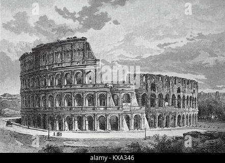 Il Colosseo o il Colosseo, noto anche come l'Anfiteatro Flavio, in latino Amphitheatrum Flavium, in italiano, Anfiteatro Flavio o Colosseo, è un anfiteatro ovale nel centro della città di Roma, Italia., digitale riproduzione migliorata da un originale xilografia o illustrazione a partire dall'anno 1880 Foto Stock