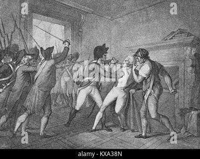 L arresto di Maximilien de Robespierre, 6 maggio 1758 - Luglio 28, 1794, chiamato anche la incorruttibile, un avvocato francese, rivoluzionario e leader politico dei Giacobini, era il 27 luglio 1794, Francia, digitale riproduzione migliorata da un originale xilografia o illustrazione a partire dall'anno 1880 Foto Stock