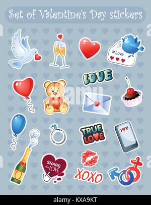 Set di il giorno di San Valentino gli adesivi con simpatici personaggi dei cartoni animati. Tutti gli elementi sono separati. Illustrazione Vettoriale. Illustrazione Vettoriale