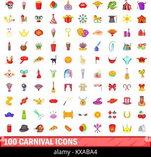 100 carnevale set di icone, stile cartoon Illustrazione Vettoriale