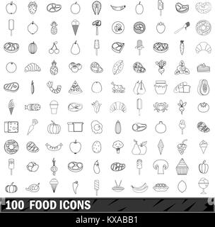 100 food set di icone di stile di contorno Illustrazione Vettoriale