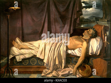 Lord Byron sul letto di morte, George Gordon Byron, Lord Byron, fu un poeta inglese Foto Stock