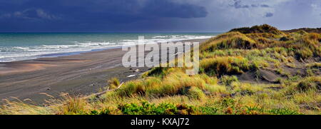 Spiaggia di sabbia spiaggia, erba dune coperte, nuvole di tempesta, Waiinu spiaggia, Mare di Tasman, Waitotara, Isola del nord, Nuova Zelanda Foto Stock