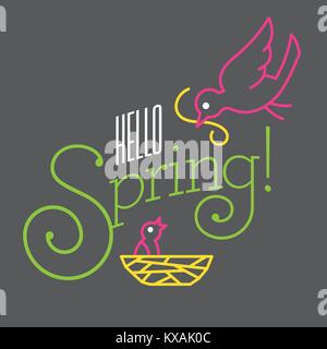 Ciao molla disegno vettoriale con simpatici disegni di uccelli. Appartamento moderno vettore di linea mono disegno mostra madre bird alimentando il suo bambino nel nido. Illustrazione Vettoriale