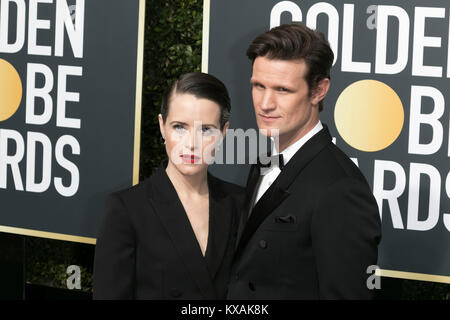 Los Angeles, Stati Uniti d'America. 07Th gen, 2018. Claire Foy e Matt Smith frequentare il settantacinquesimo Annuale di Golden Globe Awards, Golden Globes, presso l'Hotel Beverly Hilton di Beverly Hills, Los Angeles, Stati Uniti d'America, il 07 gennaio 2018. Credito: Hubert Boesl - NESSUN SERVIZIO DI FILO- Credito: Hubert Boesl/dpa/Alamy Live News Foto Stock