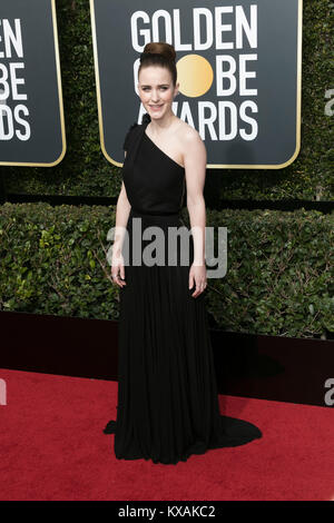 Los Angeles, Stati Uniti d'America. 07Th gen, 2018. Rachel Brosnahan assiste il settantacinquesimo Annuale di Golden Globe Awards, Golden Globes, presso l'Hotel Beverly Hilton di Beverly Hills, Los Angeles, Stati Uniti d'America, il 07 gennaio 2018. -Nessun servizio di filo- Credito: Hubert Boesl/dpa/Alamy Live News Foto Stock