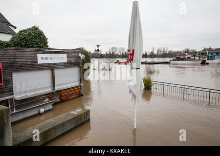 Colonia, Germania. 8 Gen, 2018. Alluvione del fiume Reno, nel quartiere di Rodenkirchen. Credito: Joern Sackermann/Alamy Live News Foto Stock