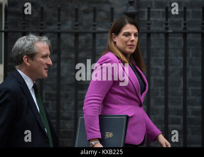 A Downing Street, Londra, Regno Unito. Il 9 gennaio, 2018. I ministri del governo il vecchio e il nuovo in Downing Street per cabinet settimanale riunione del giorno successivo rimpasto di governo. Caroline Nokes, Ministro di Stato per l'immigrazione, lasciando con Damian cerve, Segretario di Stato per l'istruzione. Credito: Malcolm Park/Alamy Live News. Foto Stock