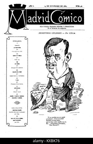 Questa è un'illustrazione della rivista satirica spagnola *Madrid Cómico*, datata 14 novembre 1880. Creata da Manuel Fernández y González, l'opera d'arte intitolata "Cilla" fornisce una visione satirica dei temi sociali e politici dell'epoca. Il pezzo è un riflesso del discorso culturale e politico spagnolo del XIX secolo. Foto Stock