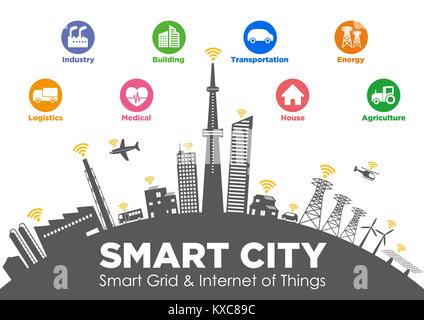 Smart city sulla massa globale con varie icone tecnologiche, paesaggio urbano futuristico e lo stile di vita moderno, smart griglia, IoT(Internet delle cose) Illustrazione Vettoriale