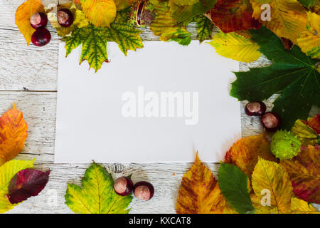 Colorati di foglie di autunno su un bianco sullo sfondo di legno con un foglio di carta bianca Foto Stock