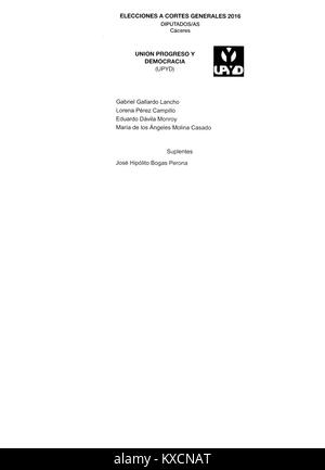 Fotografia della scheda utilizzata nelle elezioni generali spagnole del 2016 nel distretto di Cáceres, con il partito politico UPYD (Unión Progreso y Democracia). Foto Stock