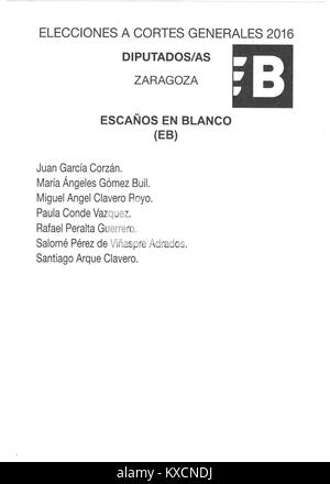 Fotografia di un foglio elettorale spagnolo utilizzato a Saragozza nel 2016, con particolare attenzione all'opzione “Escaños en Blanco” (seggi vuoti) come meccanismo di protesta. Foto Stock