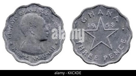 Questa è un'immagine di una moneta da 3 pence del Ghana, una valuta usata nel paese come parte del sistema della sterlina ghanese. Foto Stock