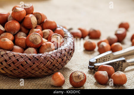 Le nocciole in un cesto su un tavolo Foto Stock