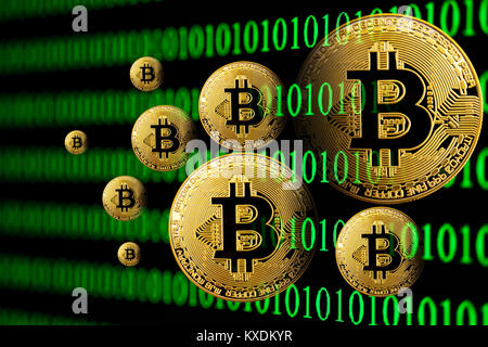 Immagine simbolo di valuta digitale, oro monete fisico, bitcoins nella parte anteriore del codice binario Foto Stock