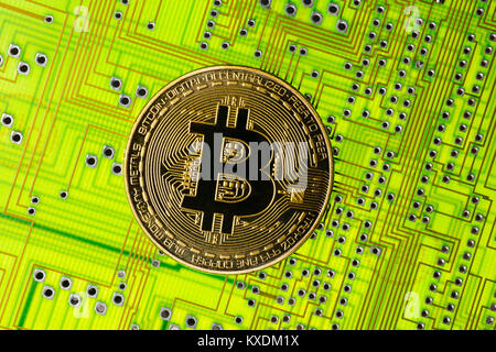 Immagine simbolo di valuta digitale, oro fisico Bitcoin monete con la scheda a circuito stampato Foto Stock