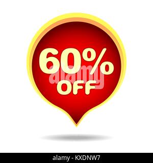 60 percento di sconto discorso bolla, adesivo, una etichetta o una icona con l'ombra per il design. Illustrazione Vettoriale