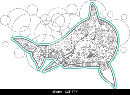 Disegnata a mano dolphin doodle animale adulto paisley di rilascio stress pagina colorazione zentangle vettore stilizzati Illustrazione Vettoriale