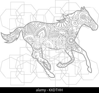 Disegnata a mano cavallo doodle animale adulto paisley di rilascio stress pagina colorazione vettore zentangle Illustrazione Vettoriale