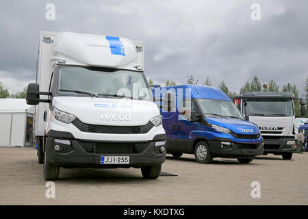 JAMSA, Finlandia - 30 agosto 2014: Il nuovo Iveco Daily Light Duty camion, furgone, e Eurocargo carrello sono presentati da Iveco in Finlandia a Finnmetko 2014. Foto Stock