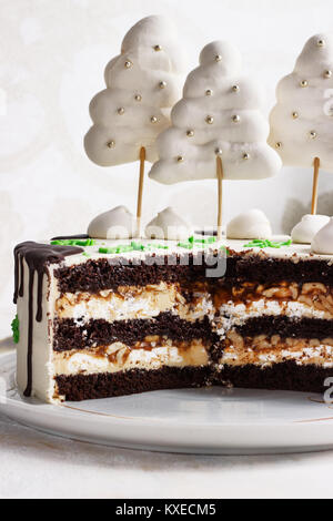 Un taglio di un nuovo anno la torta al cioccolato, una fetta su una piastra su uno sfondo luminoso Foto Stock