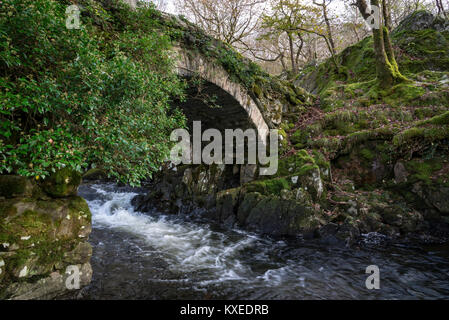 Il Afon Artro a Pont Cwm-Yr-afon vicino Llanbedr nel Galles del Nord. Un piccolo ponte in pietra accanto alla strada che conduce a Cwm Bychan. Foto Stock