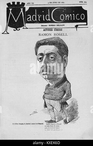 Un numero della rivista satirica spagnola *Madrid Cómico* del 4 giugno 1887, con opere di Ramón Rosell e Cilla, parte della stampa umoristica spagnola del XIX secolo. Foto Stock