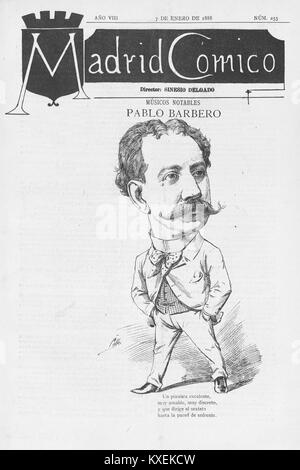 Un'illustrazione di Pablo Barbero pubblicata a Madrid Cómico il 7 gennaio 1888, che rappresenta l'arte satirica spagnola della fine del XIX secolo. Foto Stock