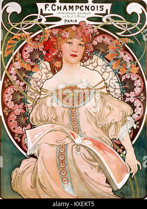 Questo poster di Alfons Mucha, creato per F. Champenois Imprimeur-éditeur, esemplifica il suo caratteristico stile Art Nouveau. Il pezzo riflette la capacità di Mucha di fondere elementi decorativi con un design elegante e colori vivaci. Foto Stock