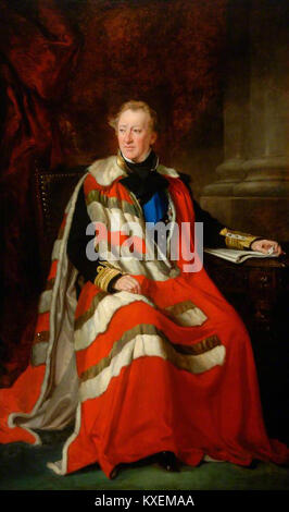 Un ritratto di Algernon Percy, IV duca di Northumberland (1792–1865), dipinto da Francis Grant. L'opera d'arte ritrae la nobiltà britannica e contribuisce alla storia della ritrattistica aristocratica nel XIX secolo. Foto Stock